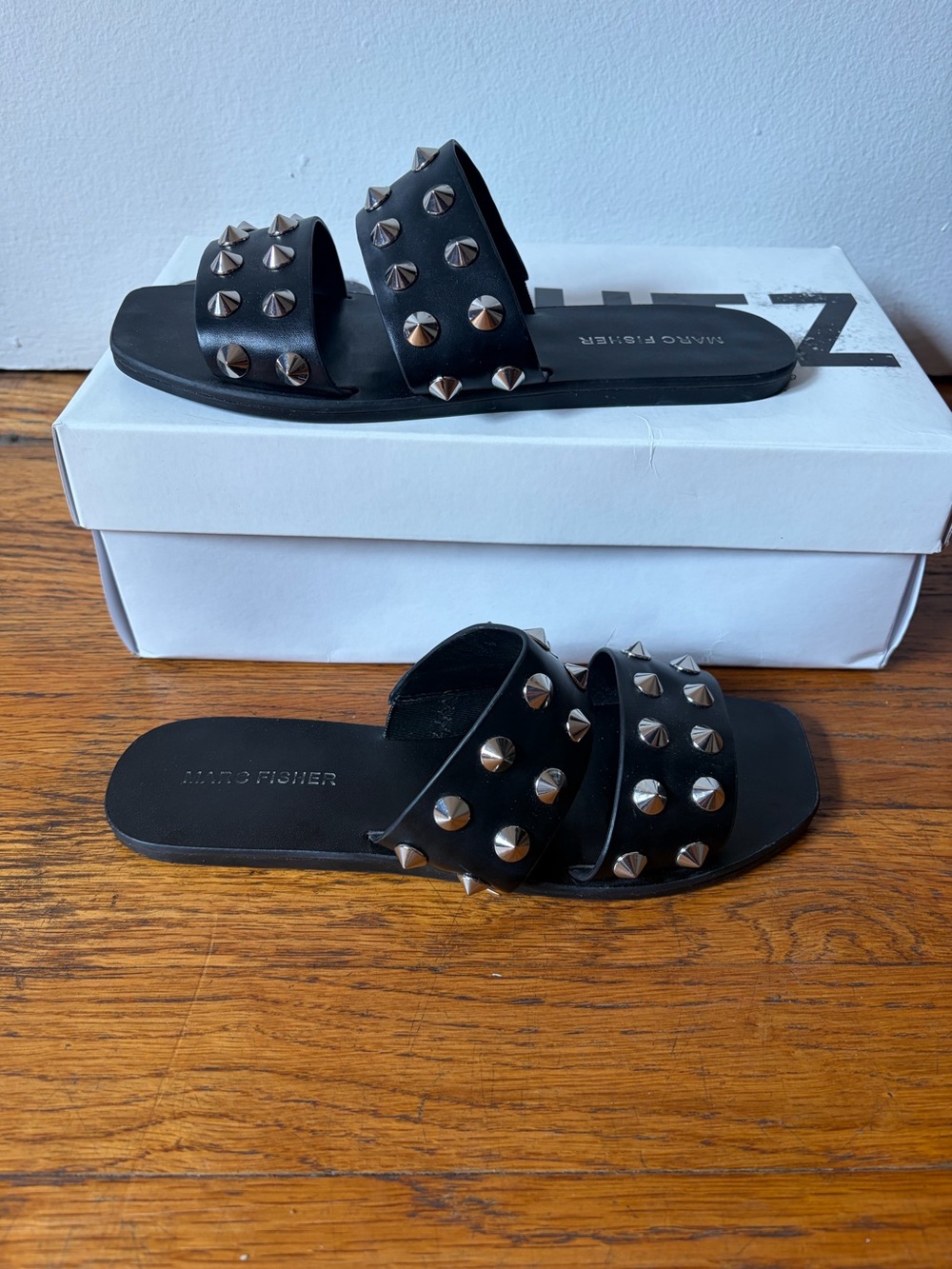 Marc Fisher Black Studded Double-Strap Slide Sandals